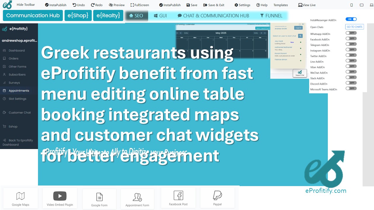 Greek restaurants using eProfitify benefit from fast menu editing online table booking integrated maps and customer chat widgets for better engagement